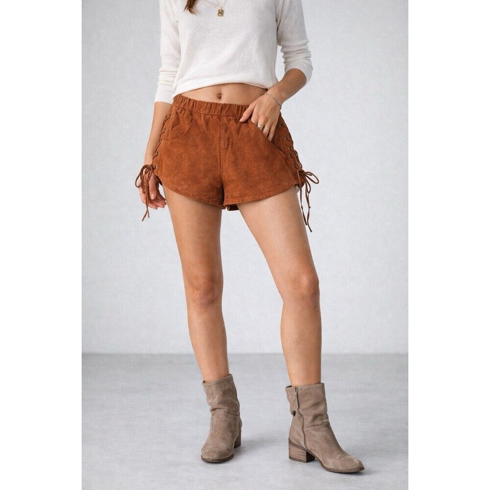 Tobi Genuine Leather Lace-Up Shorts Rust Orange Boho Festival Cowgirl Women’s S